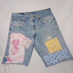 Jean Shorts Size 32 Patchwork Cottagecore Bonnet Girl Upcycl Distressed Floral